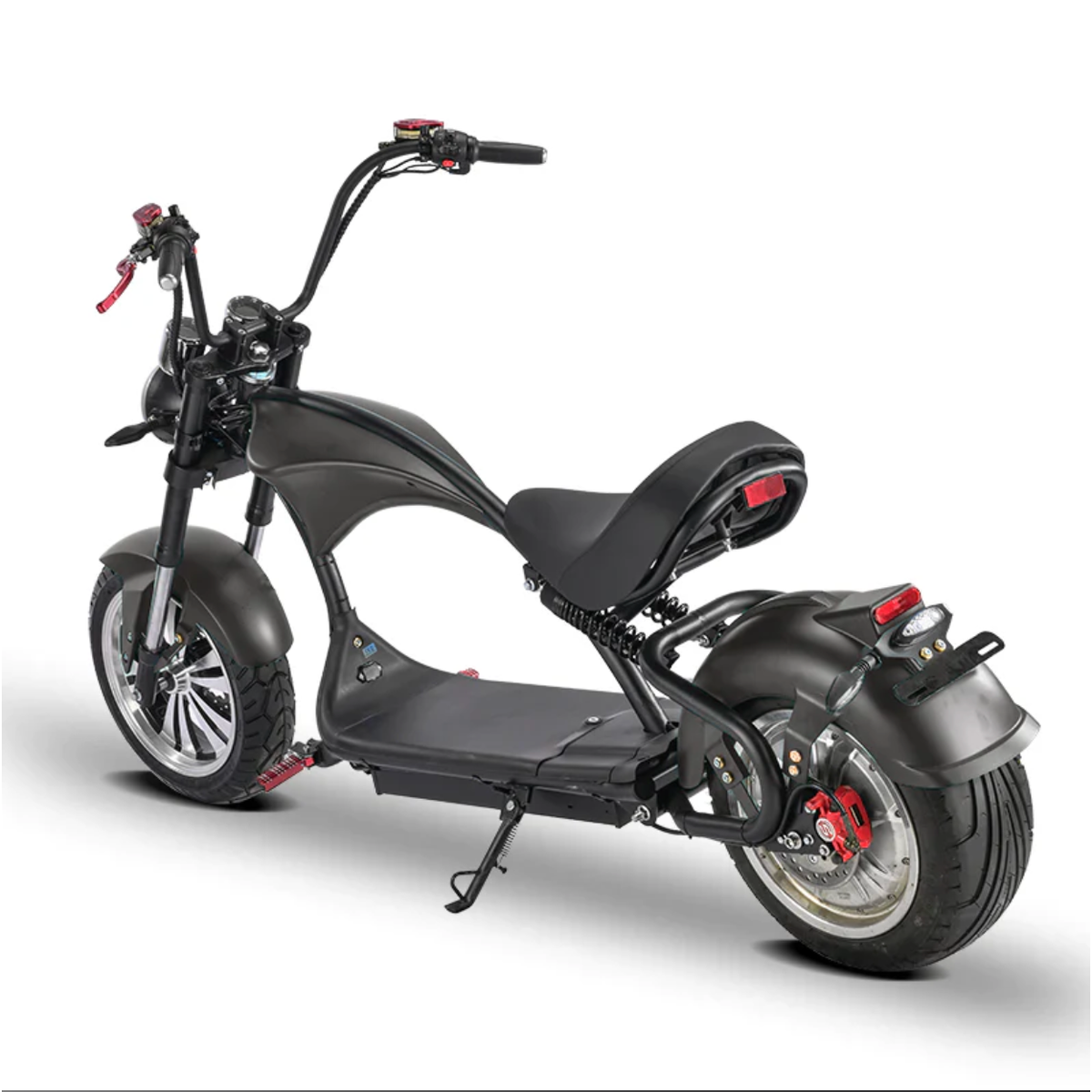 Soversky M3P 3000W electric chopper bike in matte black with red brake
calipers and chrome handlebars