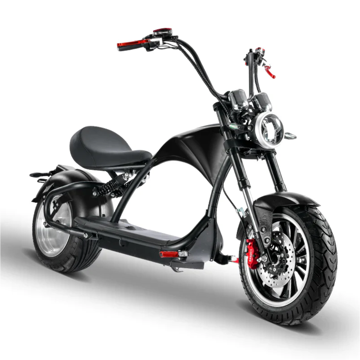 Soversky M3P 3000W electric chopper bike in matte black with red brake
calipers and chrome handlebars